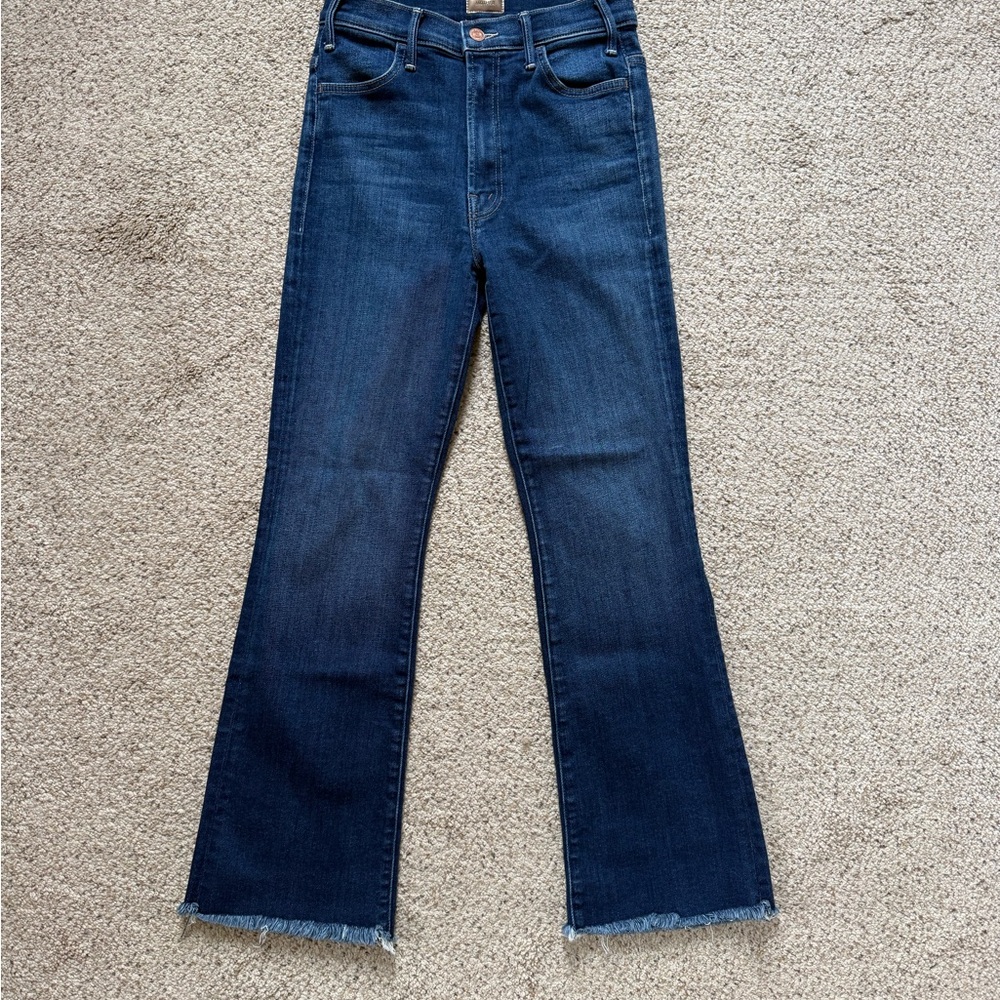 MOTHER Dark Blue Flared Jeans with Frayed Hem
